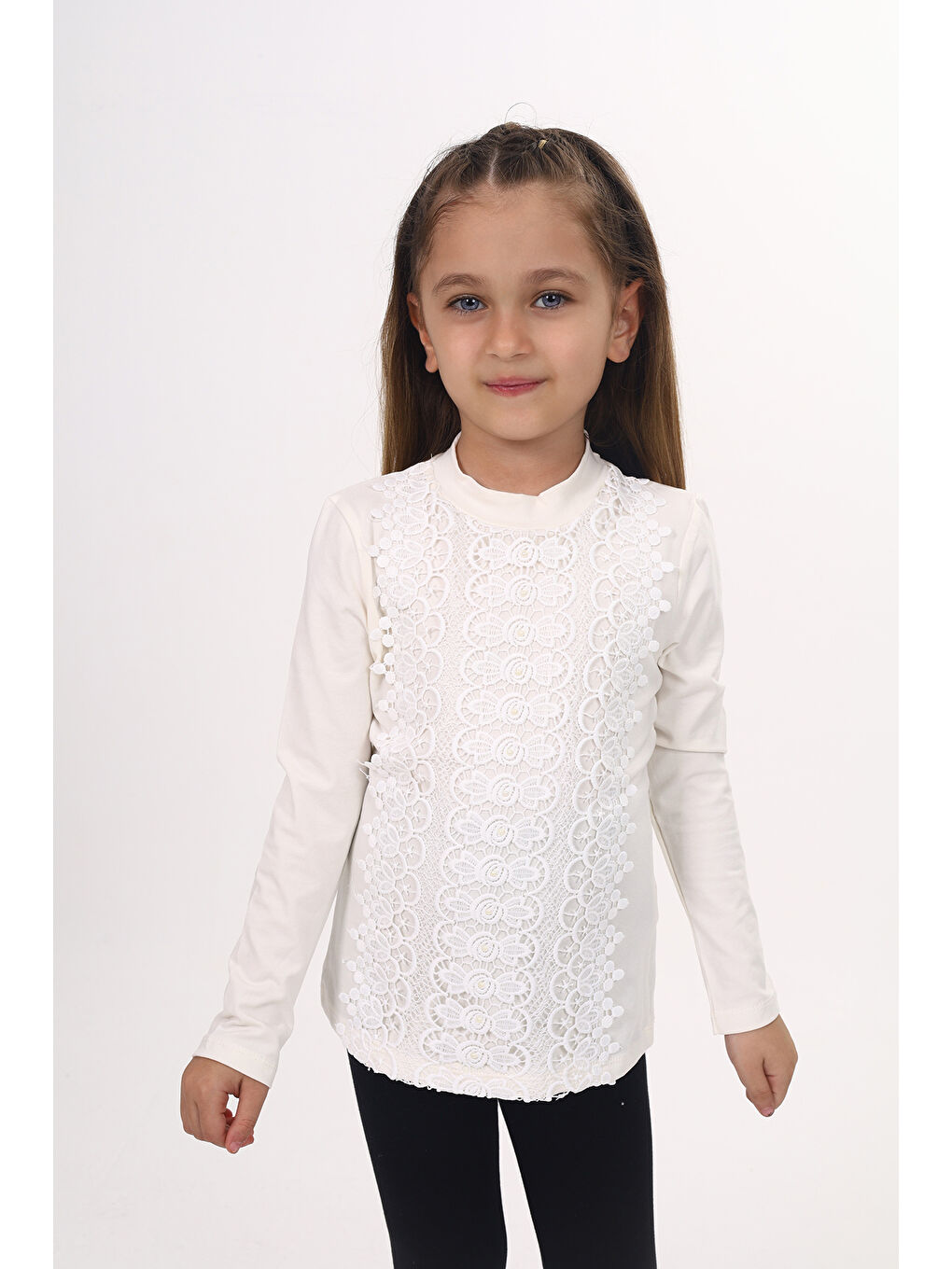 Ekru Kız Çocuk Önü Dantelli Okul Tişört-5