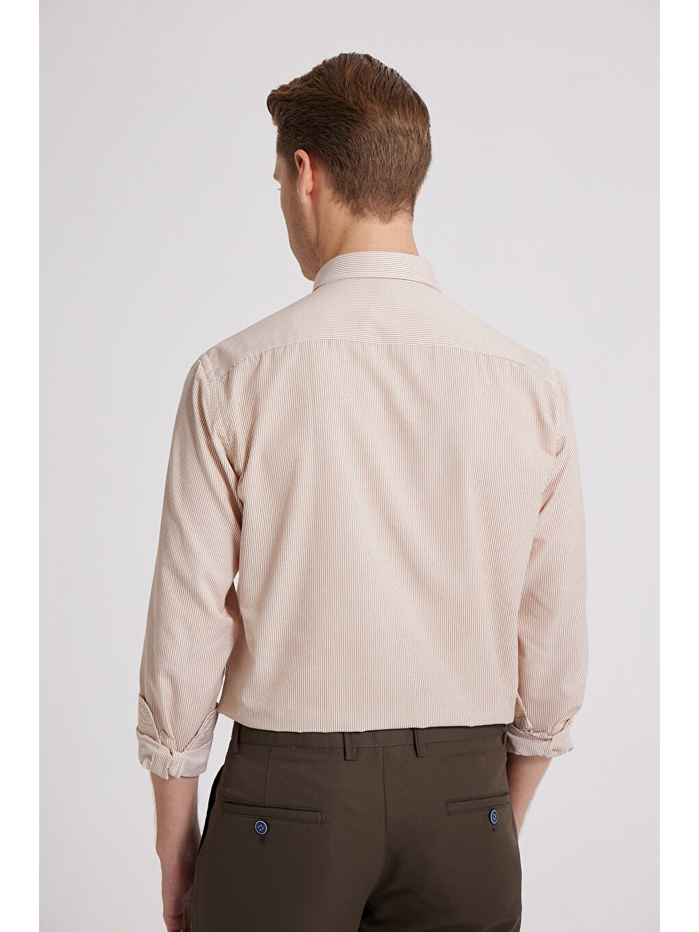 Slim Fit Kahverengi Çizgili Gömlek-4