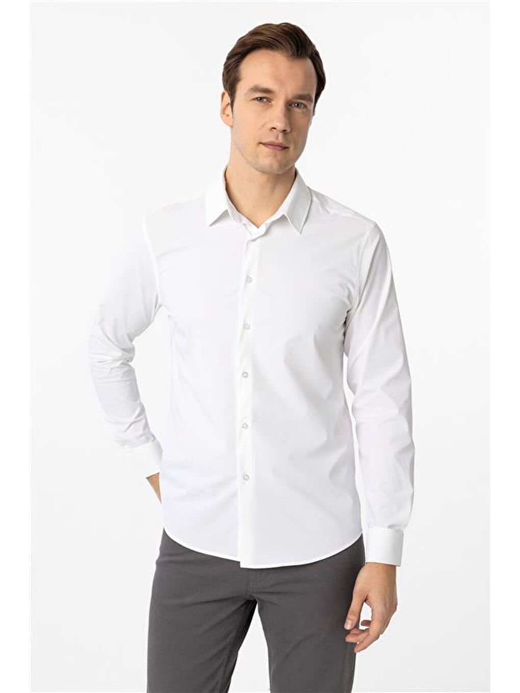 Beyaz Slim Düz Klasik Yaka Gömlek-1