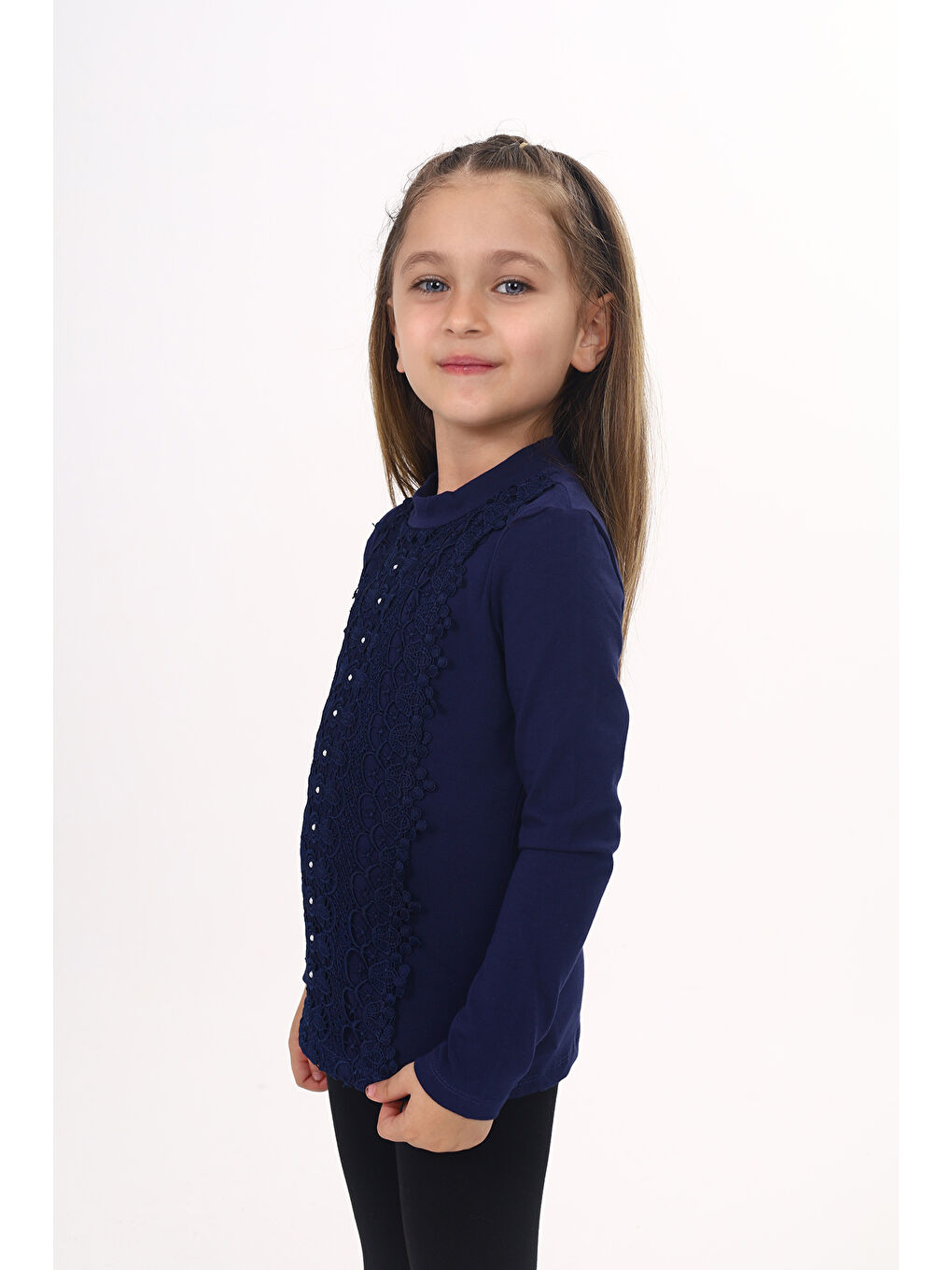 Lacivert Kız Çocuk Önü Dantelli Okul Tişört-1