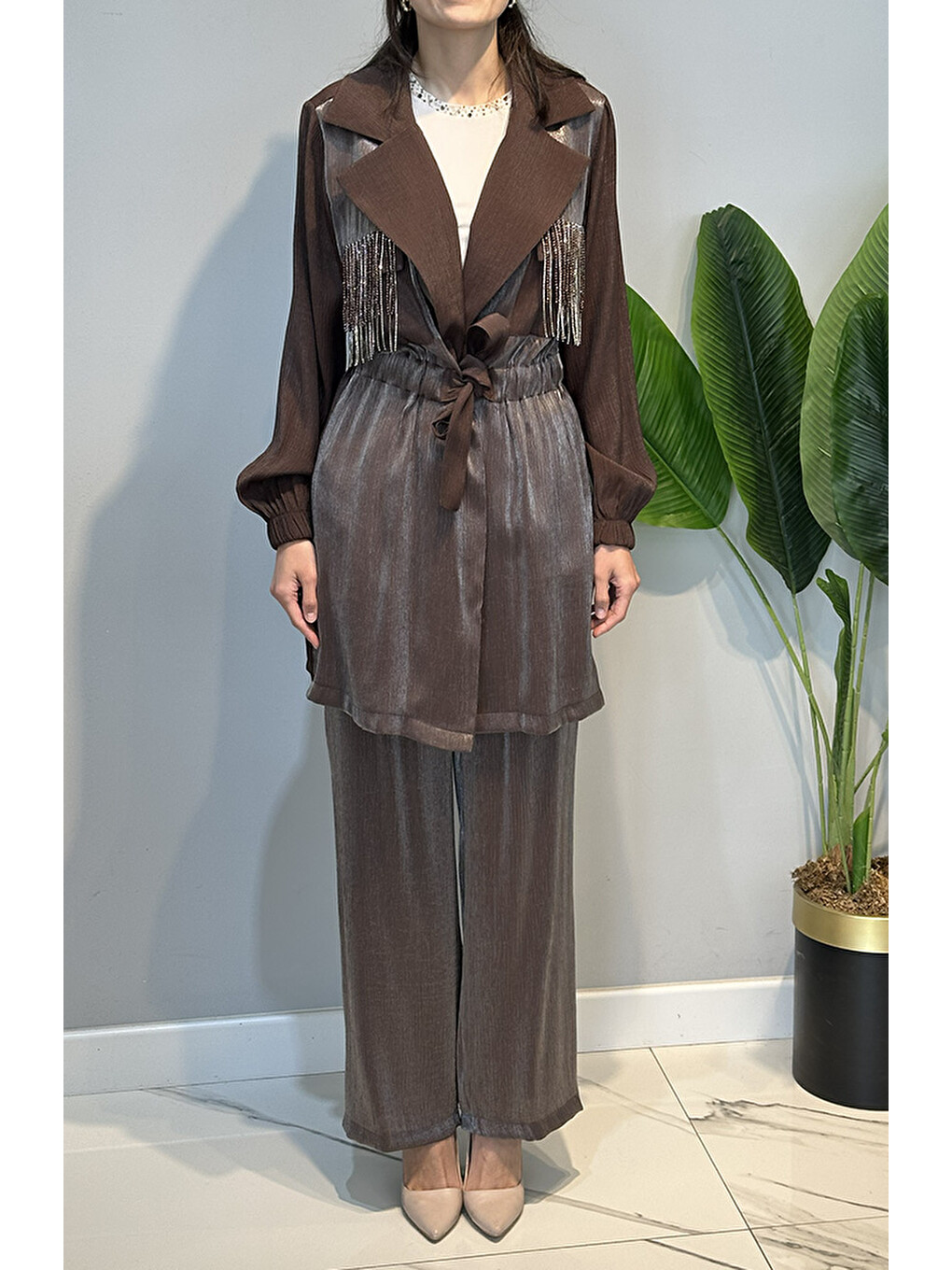 Cepleri Taş Detay Pantolonlu İkili Takım 18930 Kahverengi-1