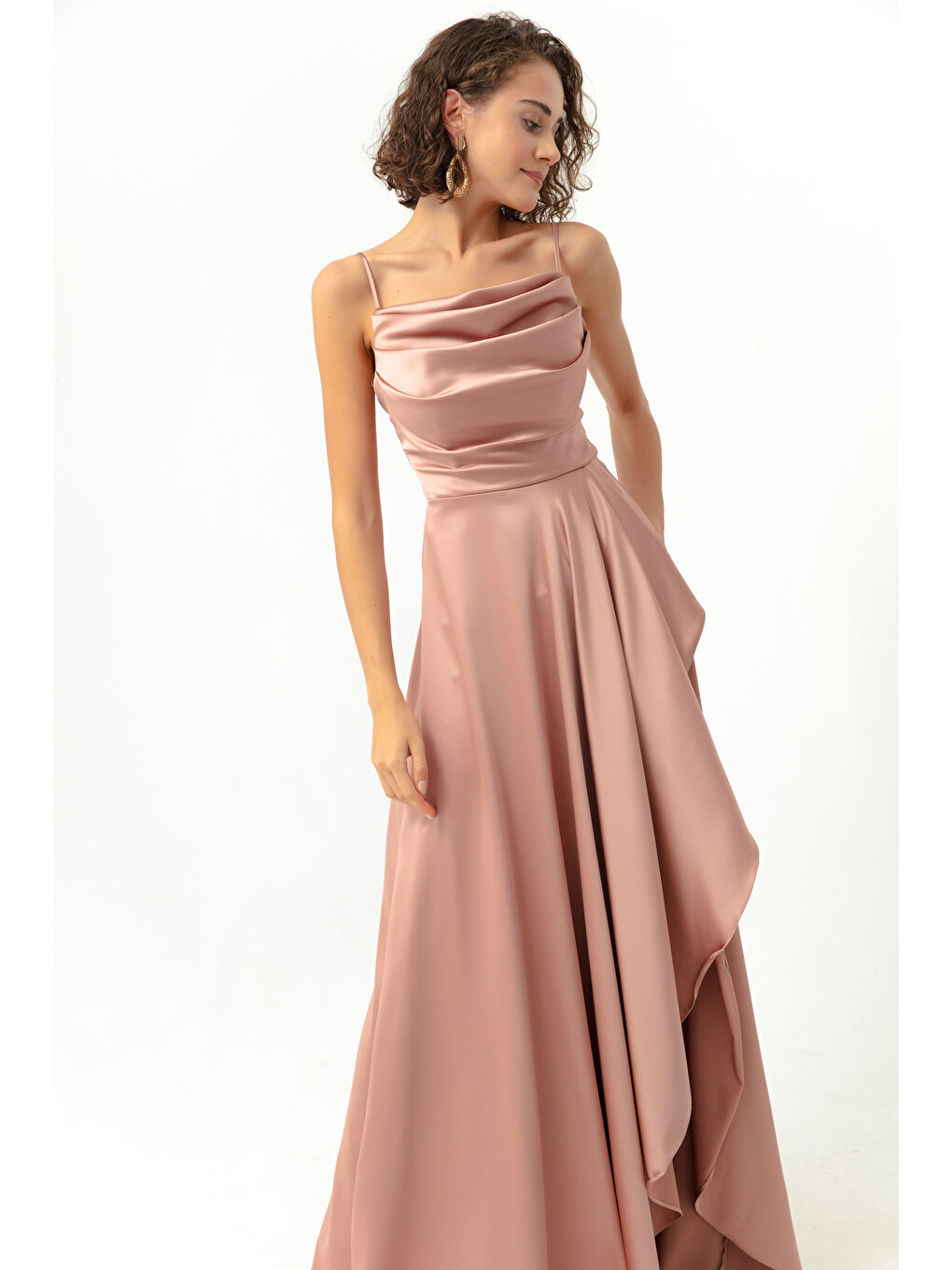 Kadın Pembe Volanlı Yırtmaçlı Saten Abiye & Mezuniyet Elbisesi-1