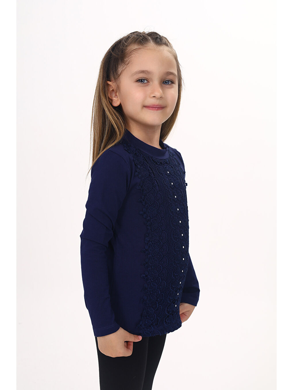 Lacivert Kız Çocuk Önü Dantelli Okul Tişört-2