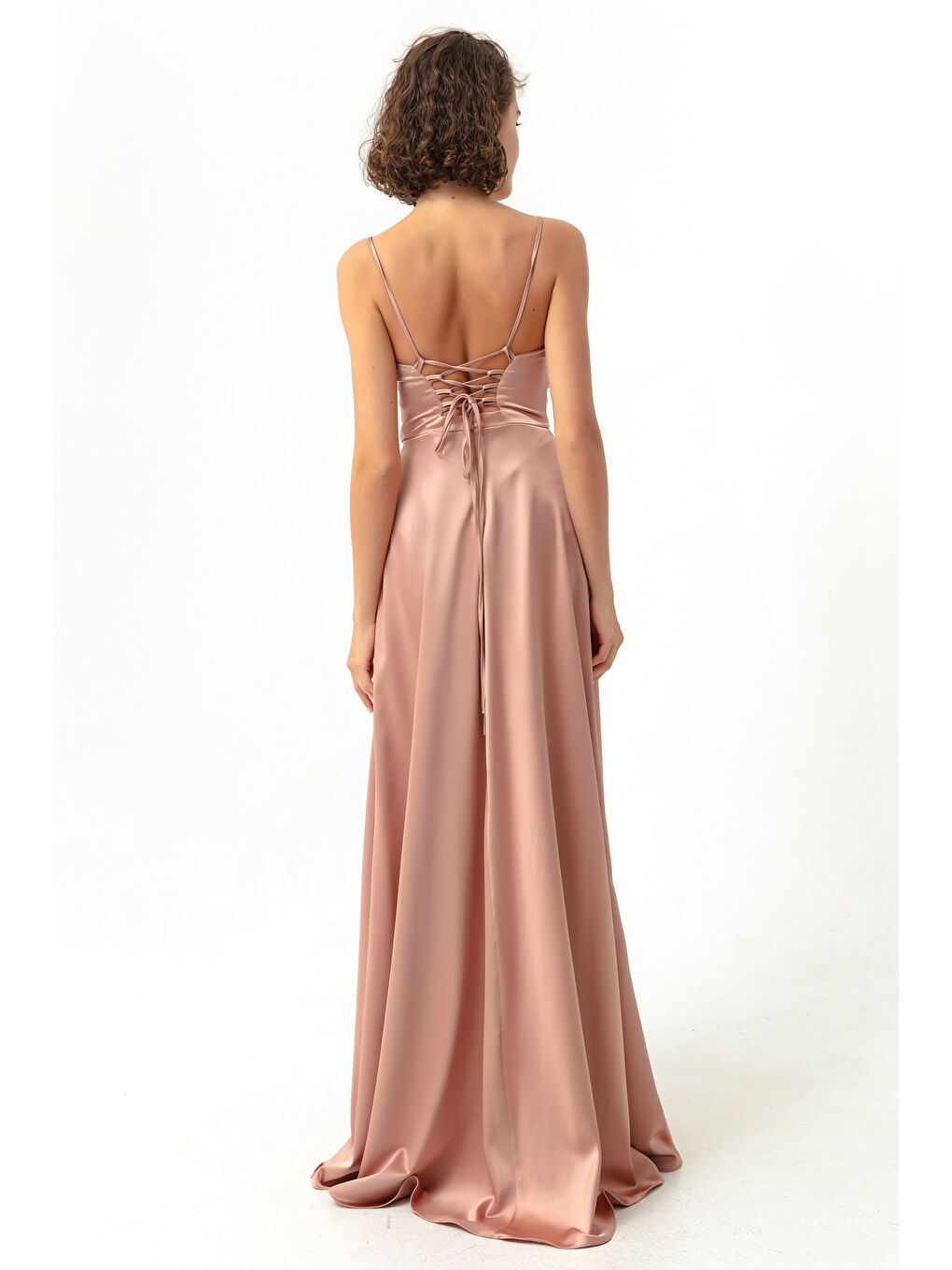 Kadın Pembe Volanlı Yırtmaçlı Saten Abiye & Mezuniyet Elbisesi-4