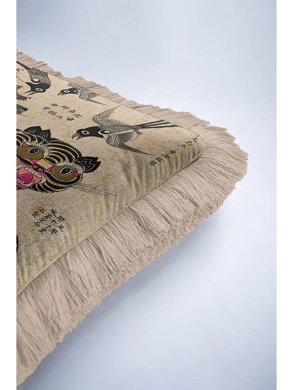 Karışık Asya Motifli Saçaklı Yastık Kılıfı - Etnik Sanat Temalı Vintage Bej Gold Püsküllü Kırlent Kılıfı-6