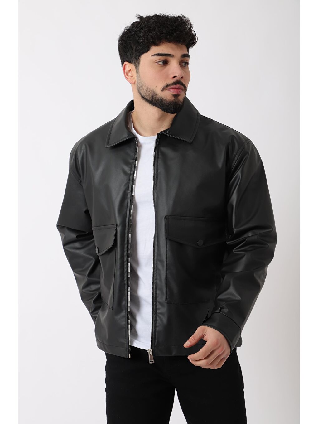 Siyah Torba Cepli Yakalı Suni Deri Mont PLDP 2997_50444