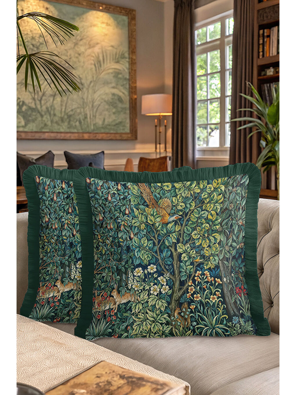 Karışık Lüks Doğal Bahçe Saçaklı Yastık Kılıfı - Vintage Orman Bohem Yeşil Püsküllü Kırlent Kılıfı-7