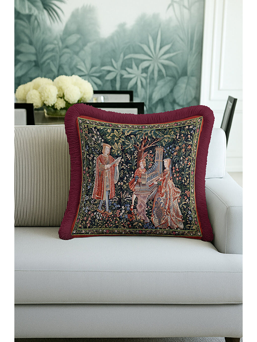 Karışık Avangard Fransız Saray Saçaklı Yastık Kılıfı - Sanatı Vintage Rustik Bordo Püsküllü Kırlent Kılıfı-2