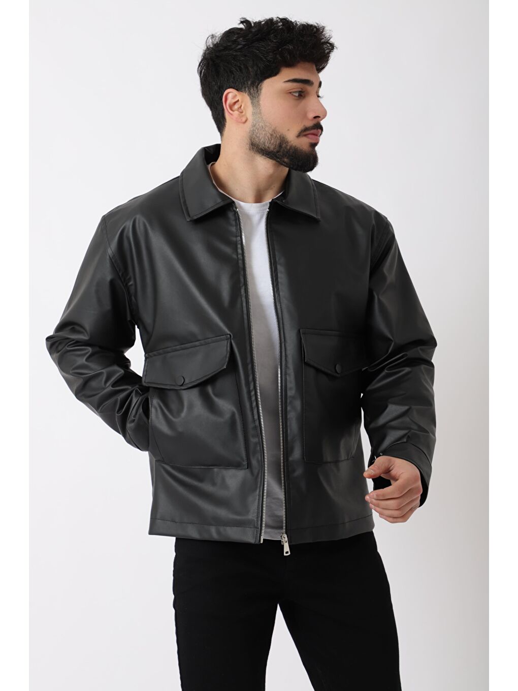 Siyah Torba Cepli Yakalı Suni Deri Mont PLDP 2997_50444-2