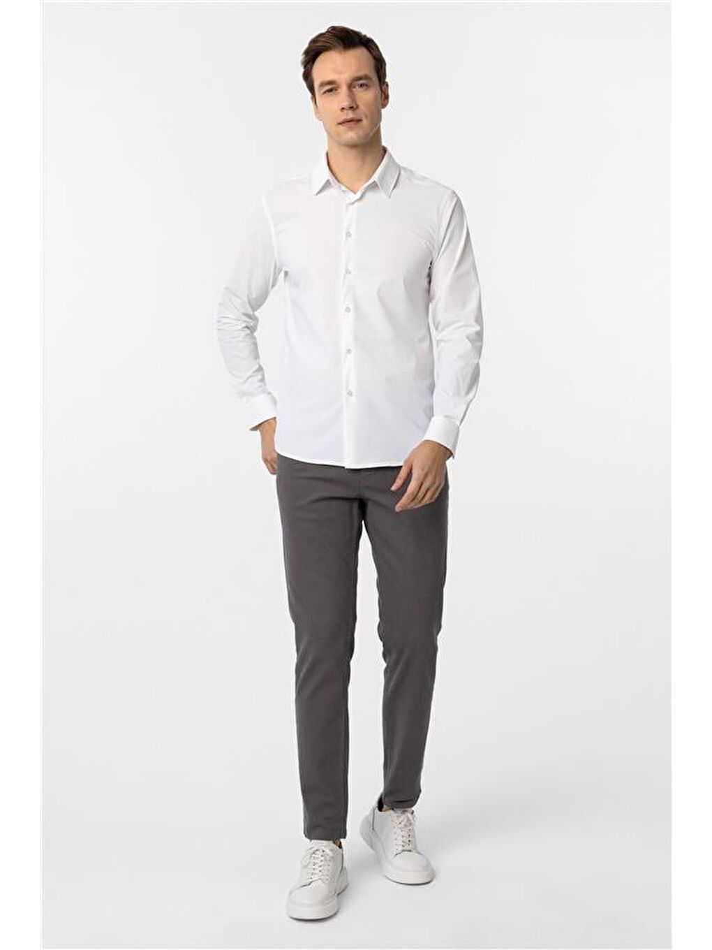 Beyaz Slim Düz Klasik Yaka Gömlek-4