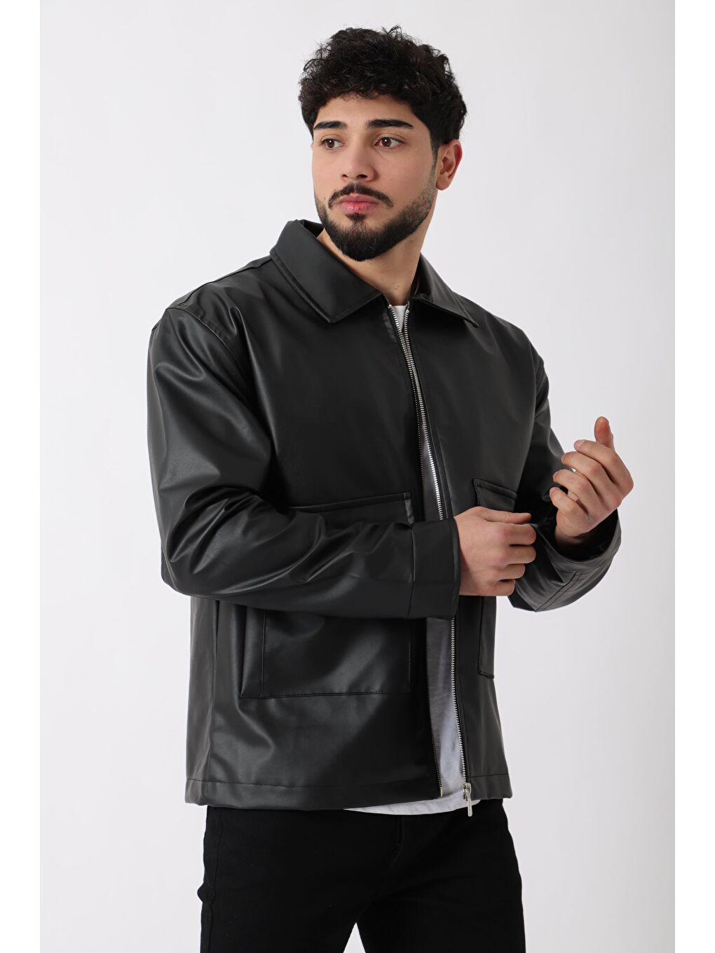 Siyah Torba Cepli Yakalı Suni Deri Mont PLDP 2997_50444-3