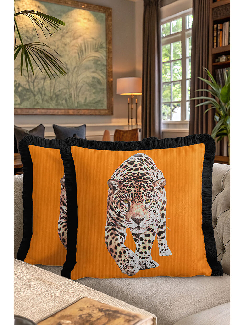 Karışık Lüks Jaguar Temalı Saçaklı Yastık Kılıfı - Safari Bohem Turuncu Siyah Püsküllü Kırlent Kılıfı-7