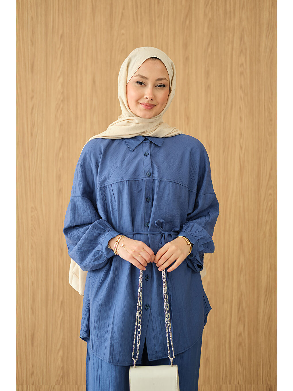 Kadın Kırışık Desen Bel Bağlamalı Gömlek Yaka Takım Saks Mavi-2