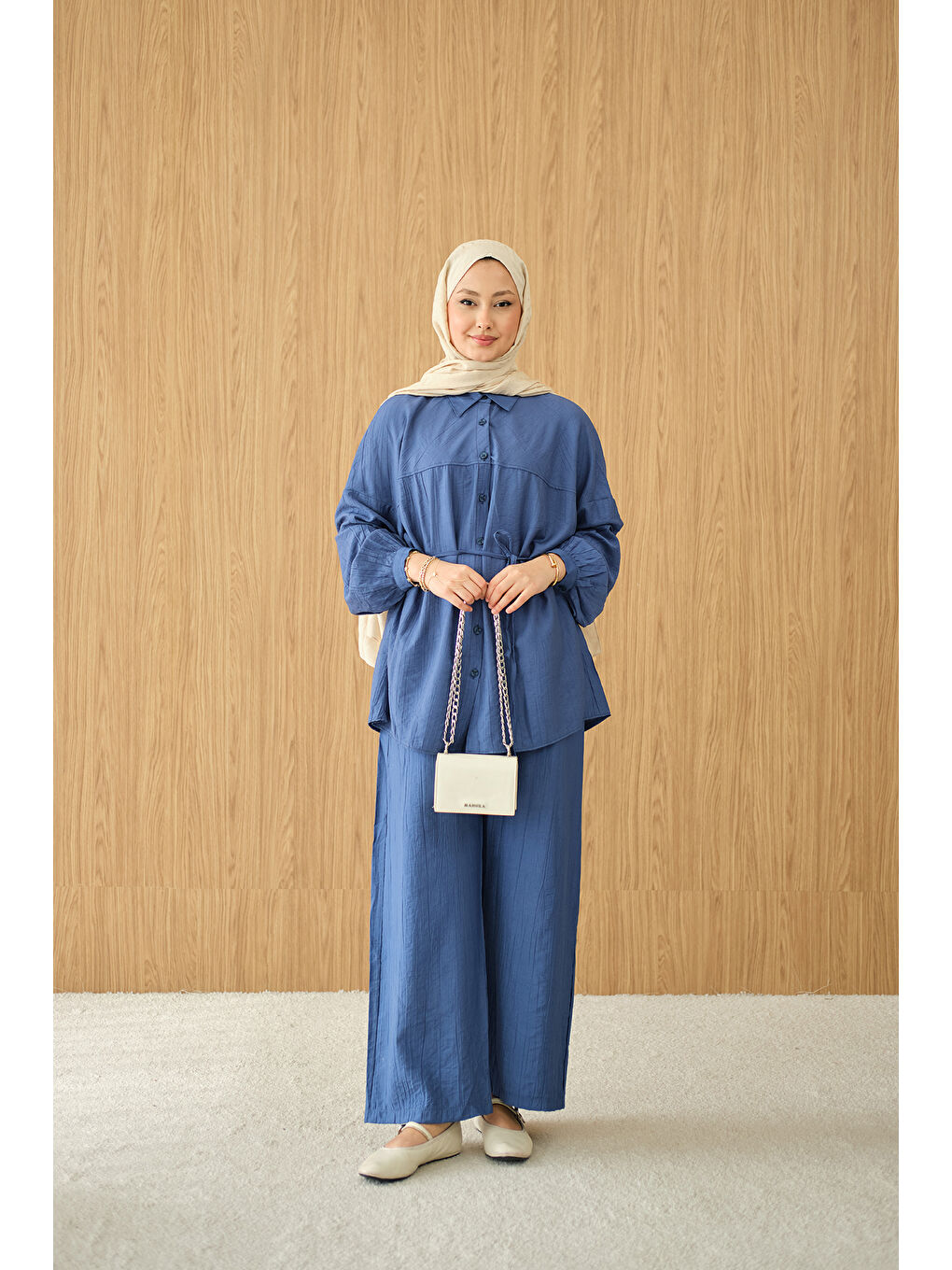 Kadın Kırışık Desen Bel Bağlamalı Gömlek Yaka Takım Saks Mavi-3