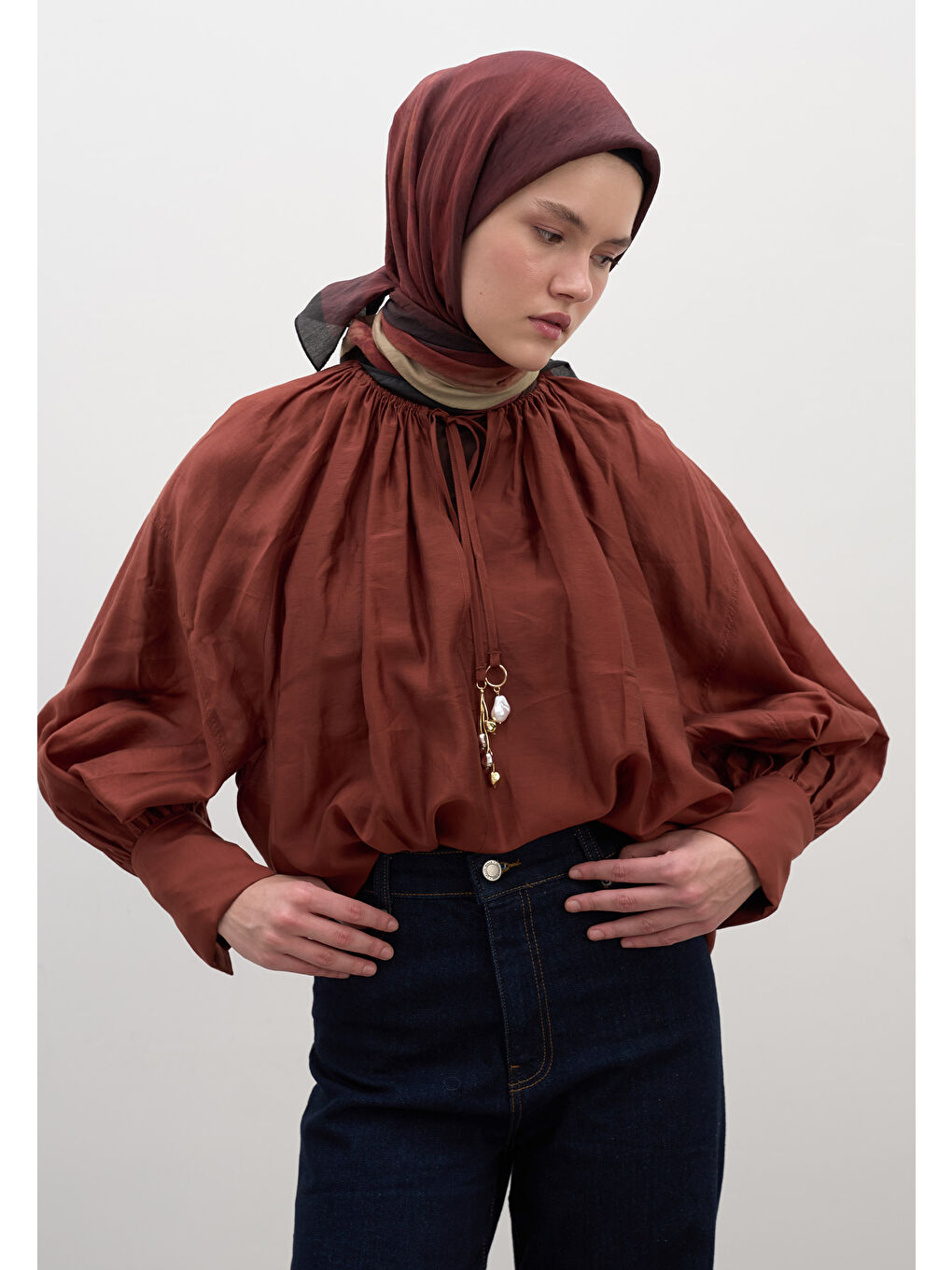 Kahverengi Ombre Desen Pamuklu Viskon Eşarp Kiremit