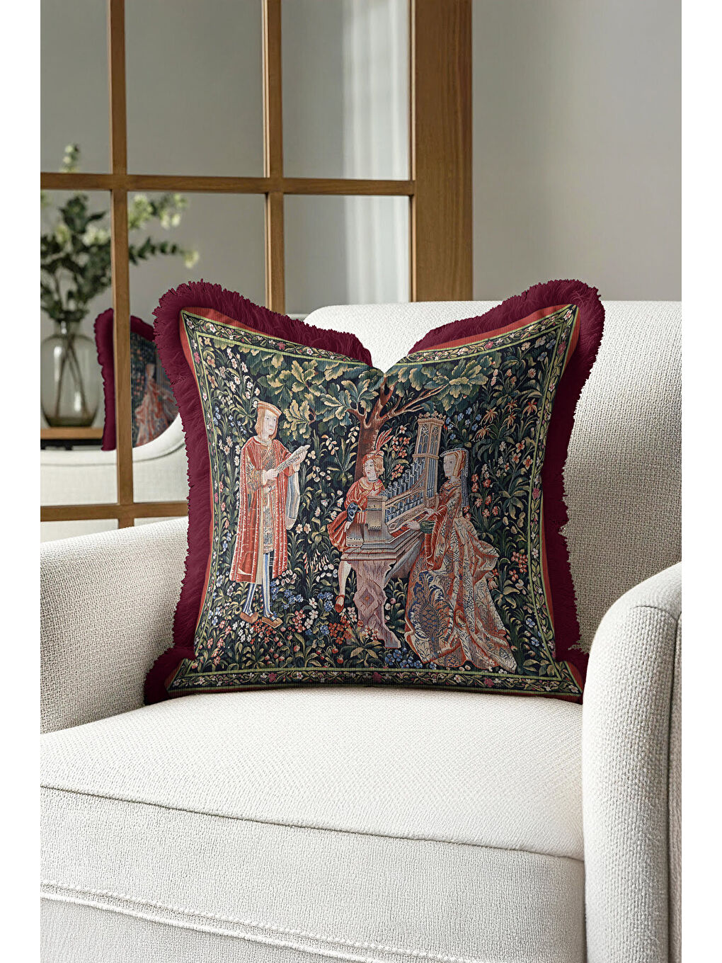 Karışık Avangard Fransız Saray Saçaklı Yastık Kılıfı - Sanatı Vintage Rustik Bordo Püsküllü Kırlent Kılıfı-3