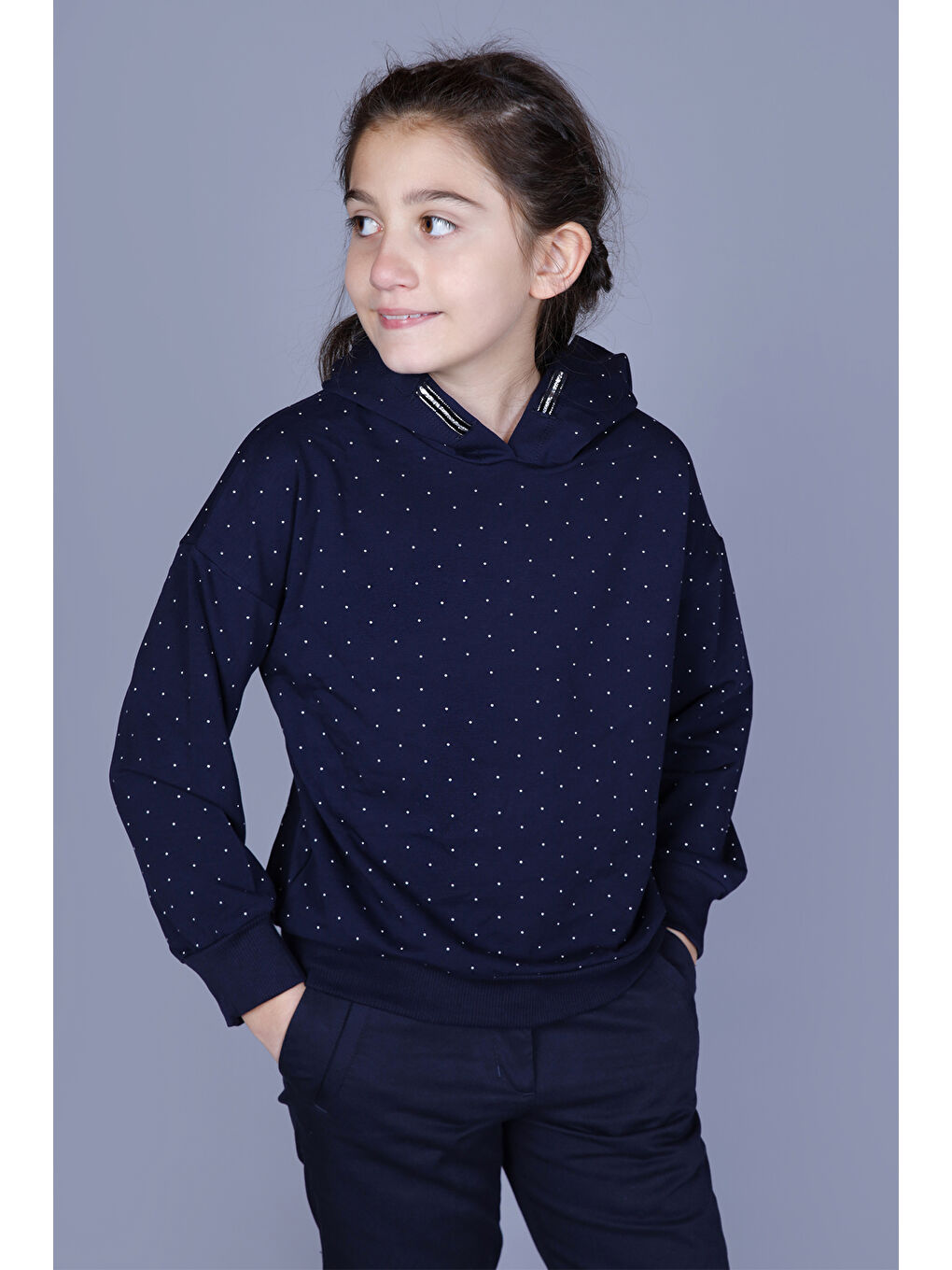 Lacivert Kız Çocuk Taş İşlemeli Sweatshirt-1