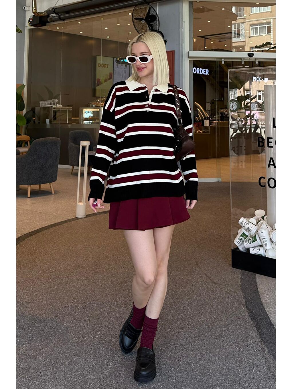 Siyah Çizgili Düğmeli Polo Yaka Kadın Triko Kazak Mg2280-1