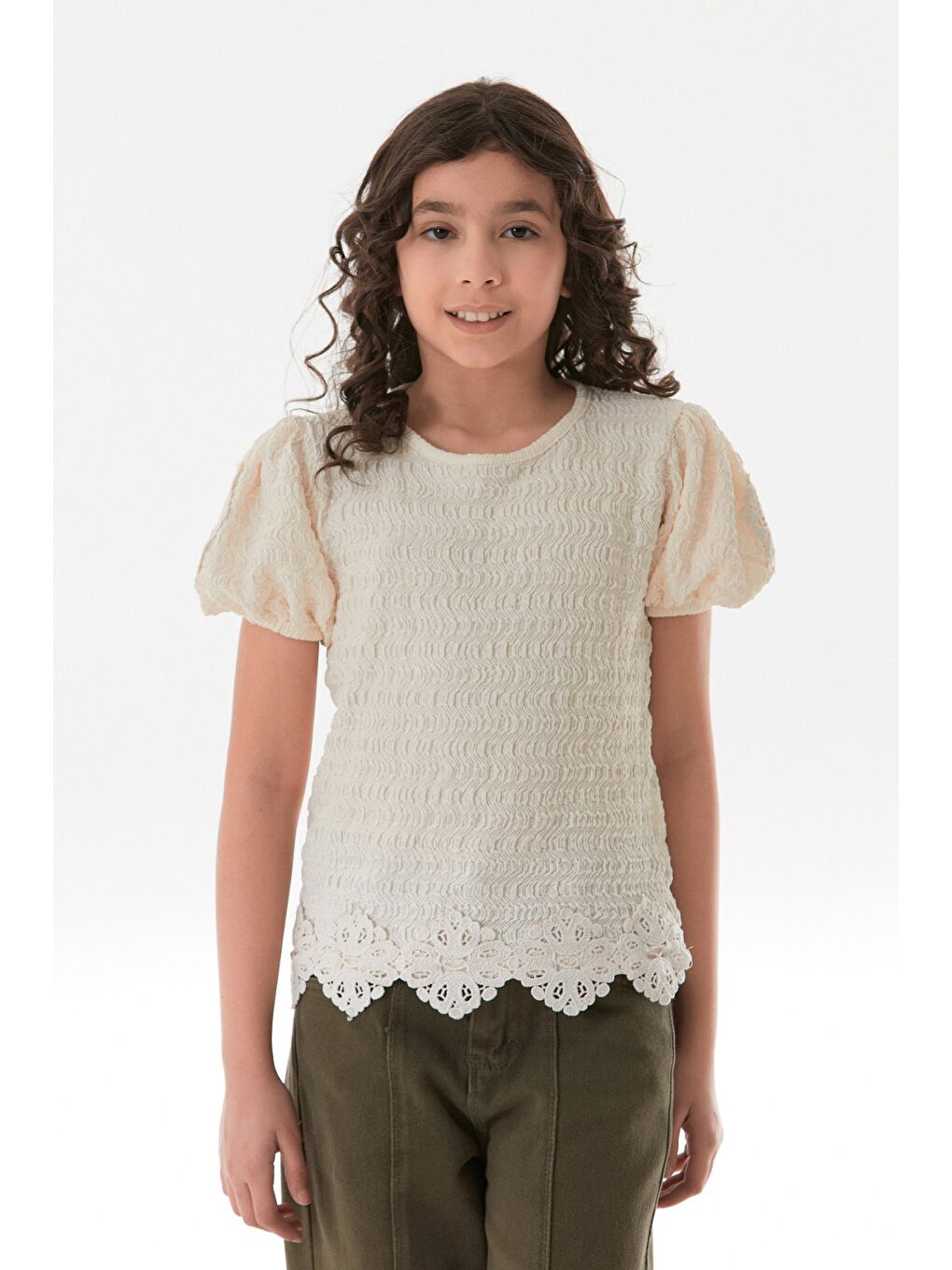 Ekru Beli Güpürlü Balon Kol Kız Çocuk Bluz-3