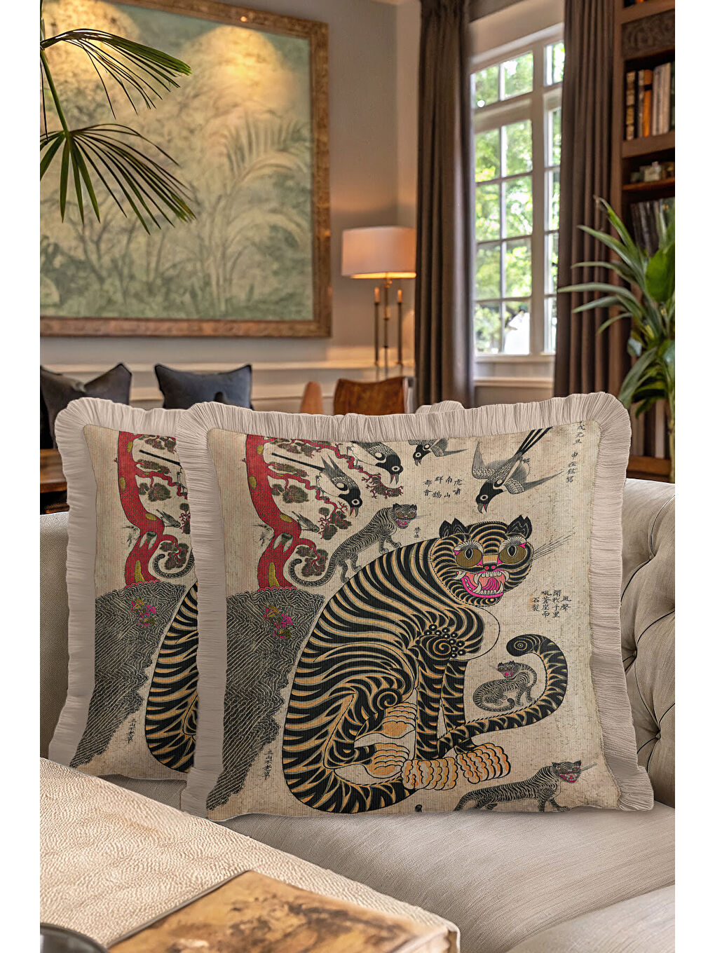 Karışık Asya Motifli Saçaklı Yastık Kılıfı - Etnik Sanat Temalı Vintage Bej Gold Püsküllü Kırlent Kılıfı-7