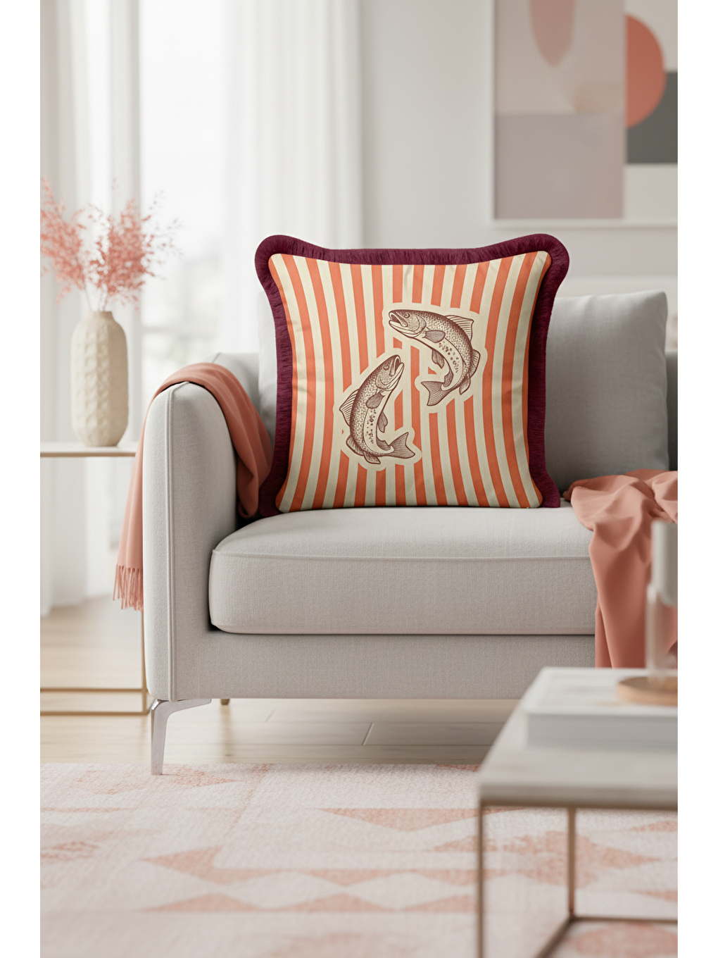 Karışık Vintage Balık Çizimli Saçaklı Yastık Kılıfı - Deniz Temalı Retro Kırmızı Püsküllü Kırlent Kılıfı