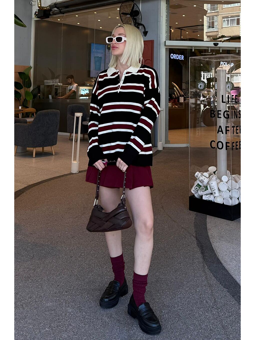 Siyah Çizgili Düğmeli Polo Yaka Kadın Triko Kazak Mg2280-3