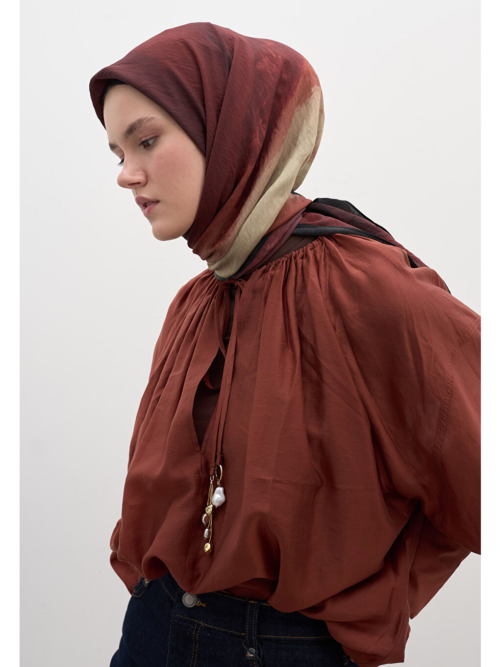 Kahverengi Ombre Desen Pamuklu Viskon Eşarp Kiremit-1