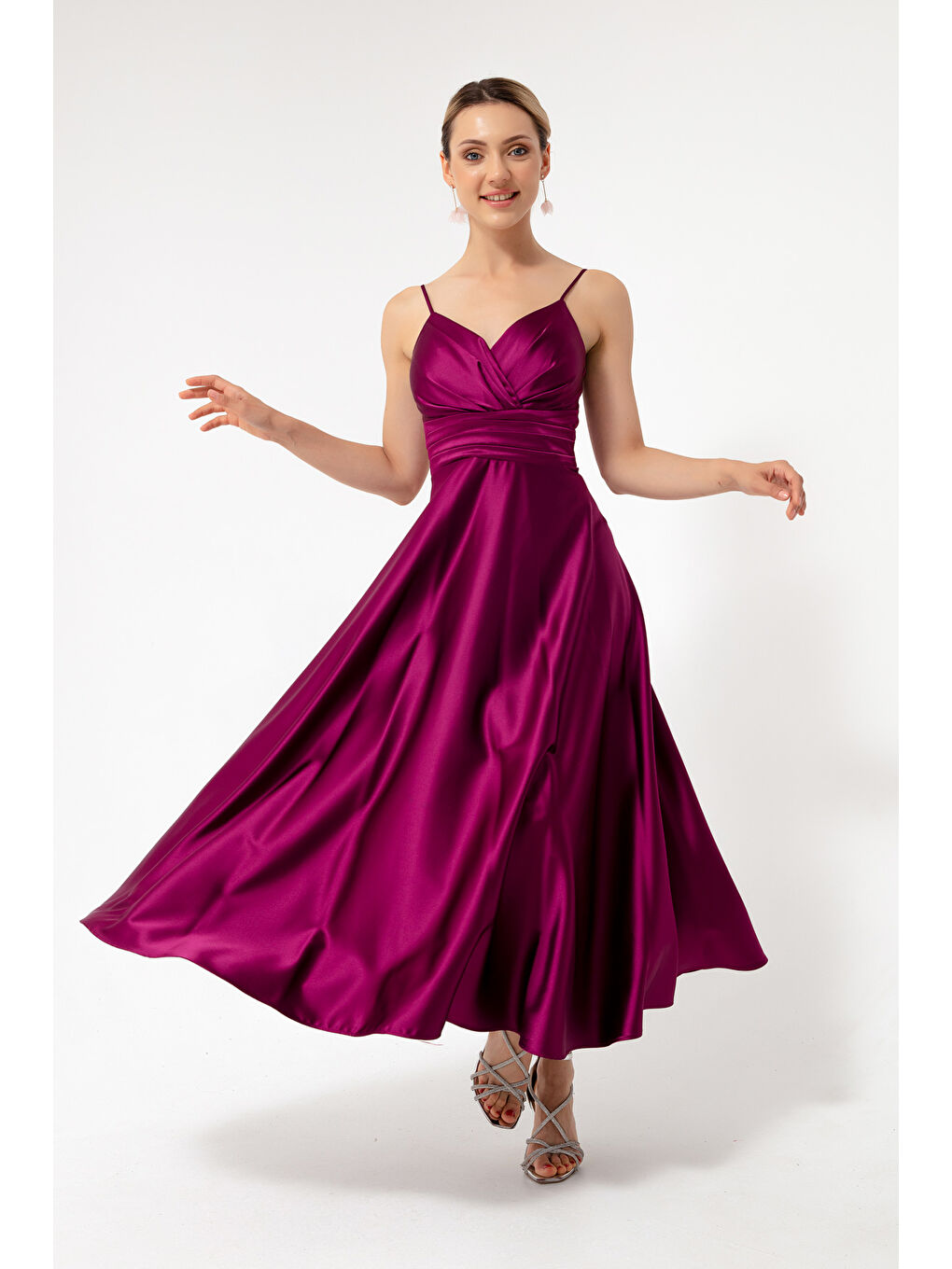 Kadın Mürdüm İp Askılı Bel Kemerli Saten Midi Abiye & Mezuniyet Elbisesi