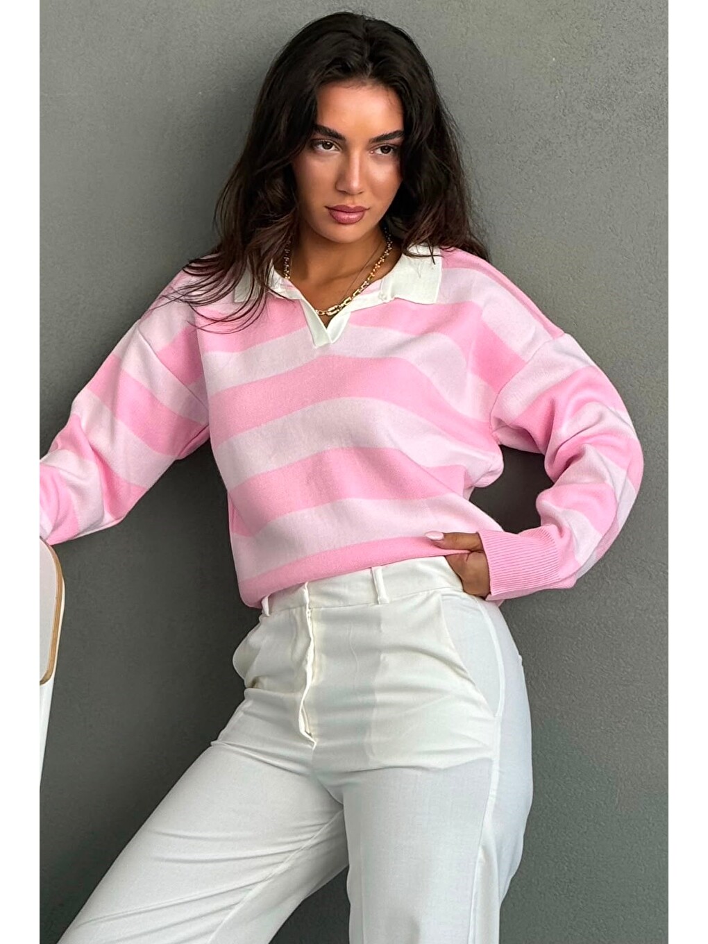 Pembe Çizgili Polo Yaka Kadın Kazak Mg2882-4
