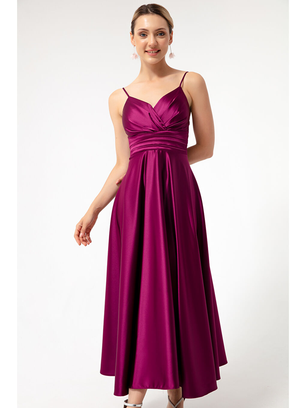 Kadın Mürdüm İp Askılı Bel Kemerli Saten Midi Abiye & Mezuniyet Elbisesi-1