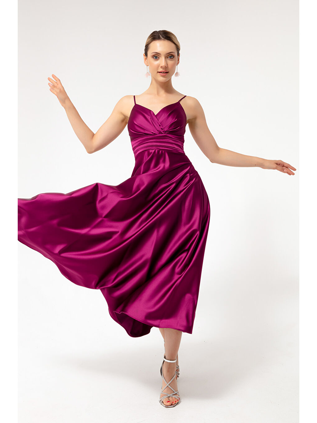 Kadın Mürdüm İp Askılı Bel Kemerli Saten Midi Abiye & Mezuniyet Elbisesi-2