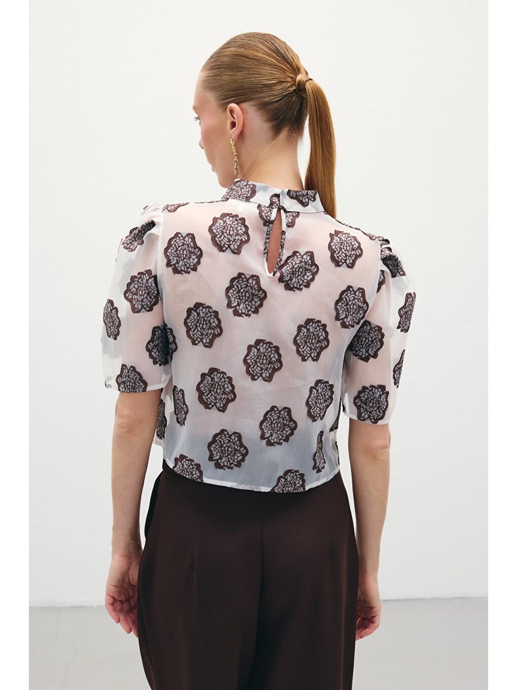 Kahverengi Organze Kısa Kol Bluz - Kahve-7