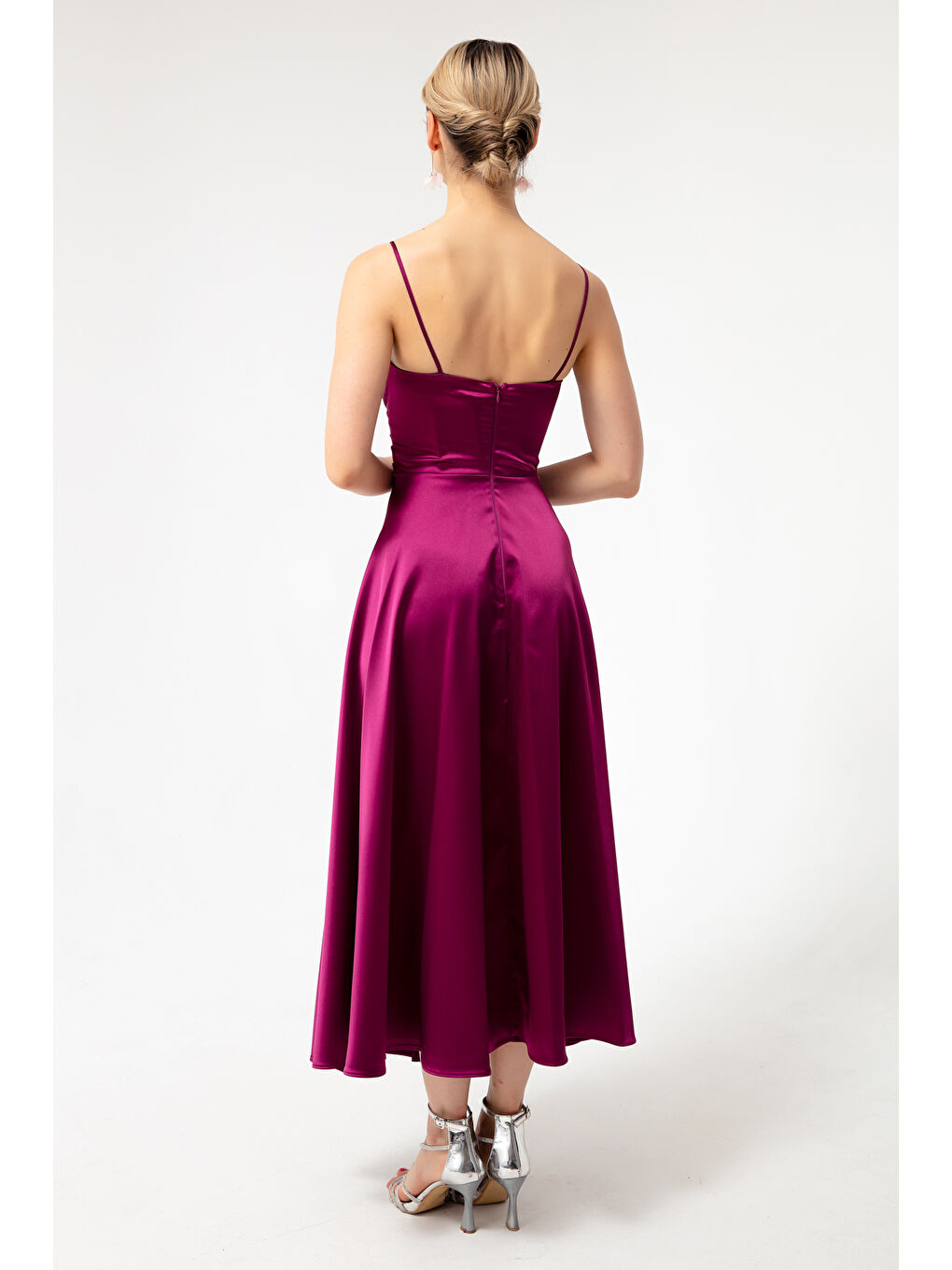 Kadın Mürdüm İp Askılı Bel Kemerli Saten Midi Abiye & Mezuniyet Elbisesi-4