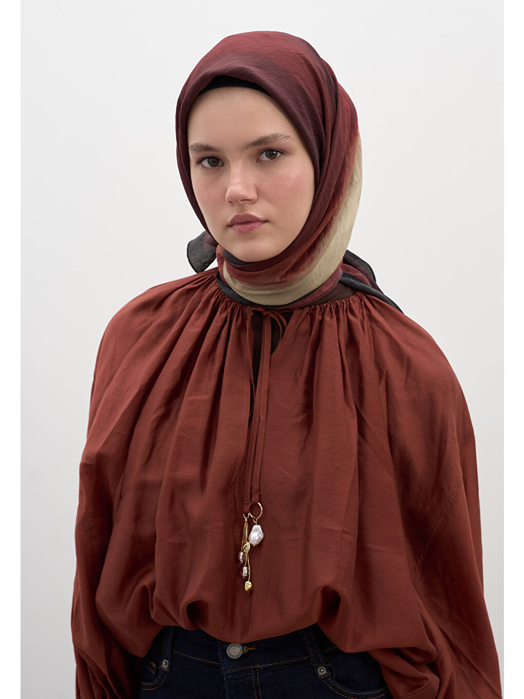 Kahverengi Ombre Desen Pamuklu Viskon Eşarp Kiremit-2