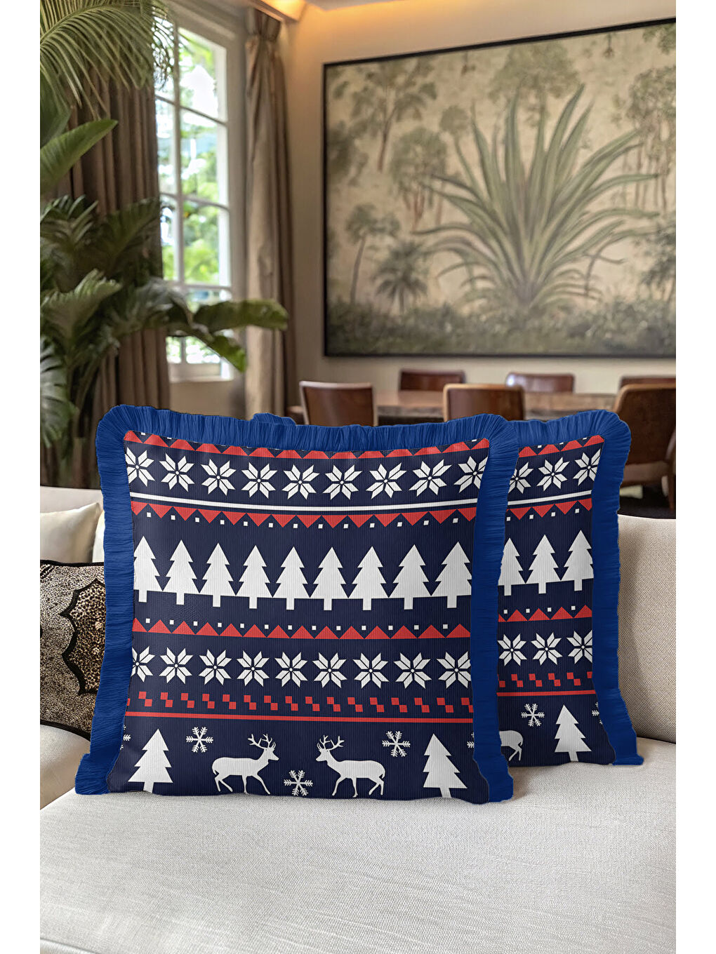 Karışık Nordik Kar Kristal Saçaklı Yastık Kılıfı - Kış Atmosferi İskandinav Lacivert Püsküllü Kırlent Kılıfı-5