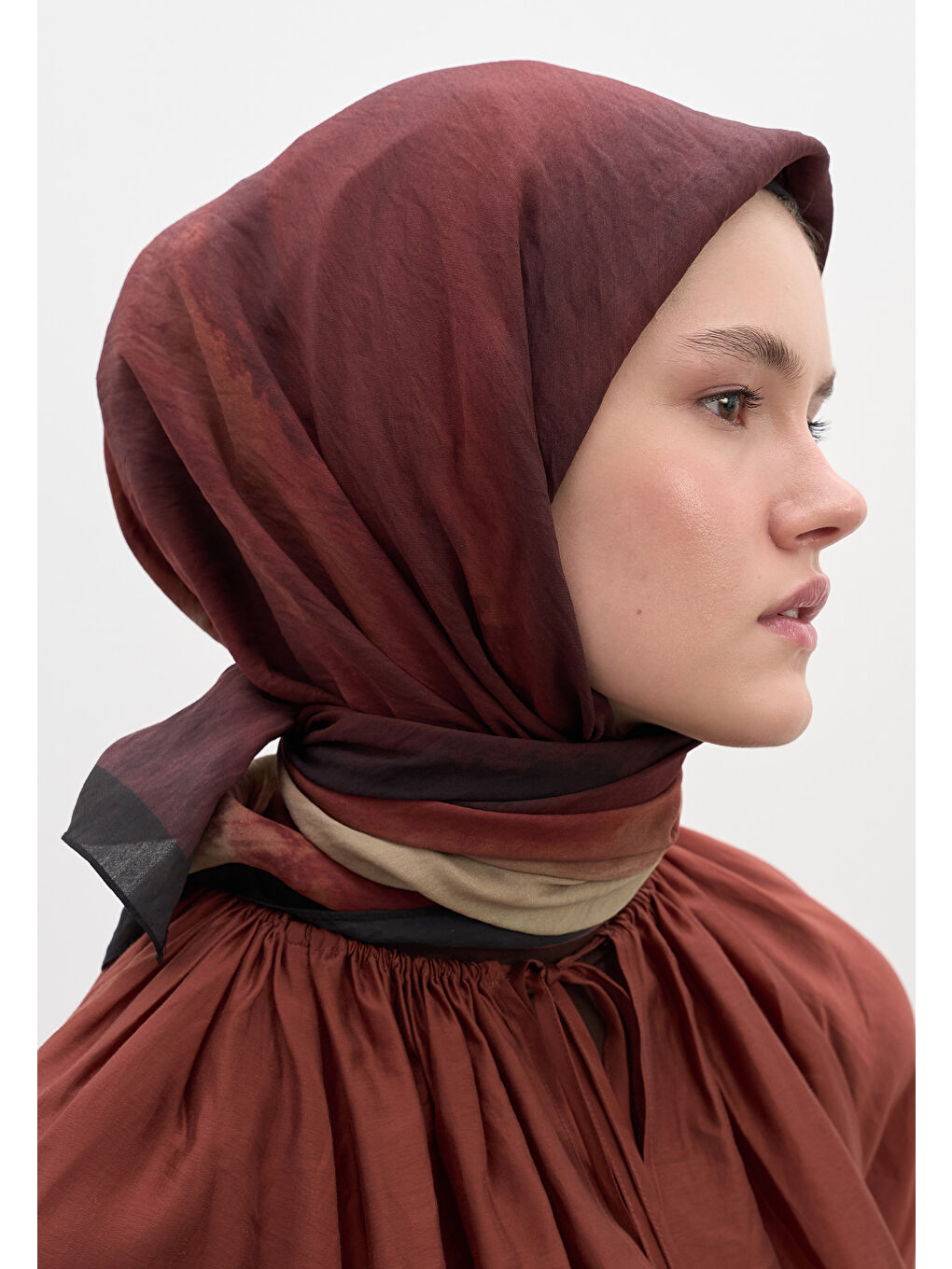 Kahverengi Ombre Desen Pamuklu Viskon Eşarp Kiremit-3