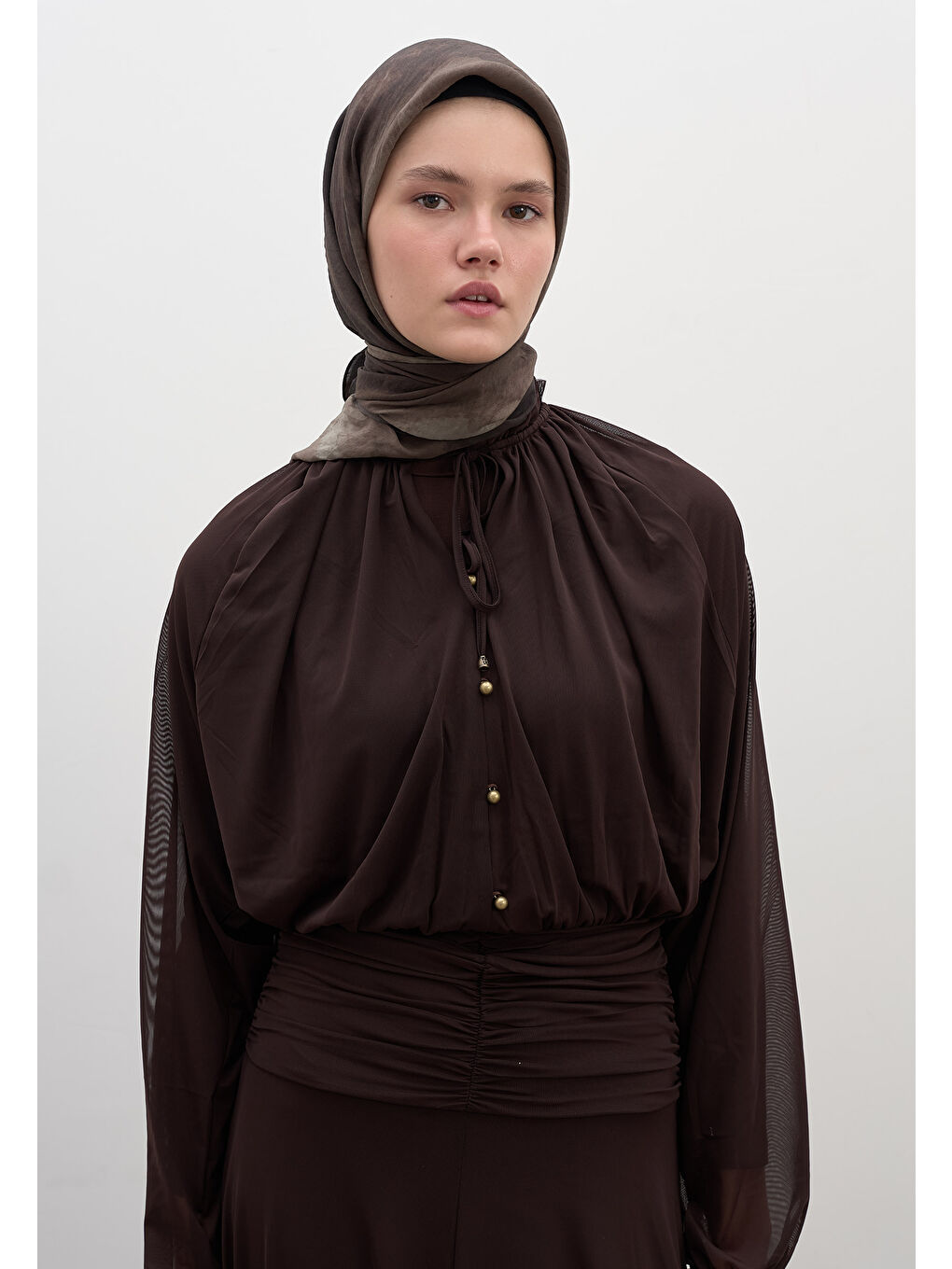 Kahverengi Ombre Desen Pamuklu Viskon Eşarp Kahve-1