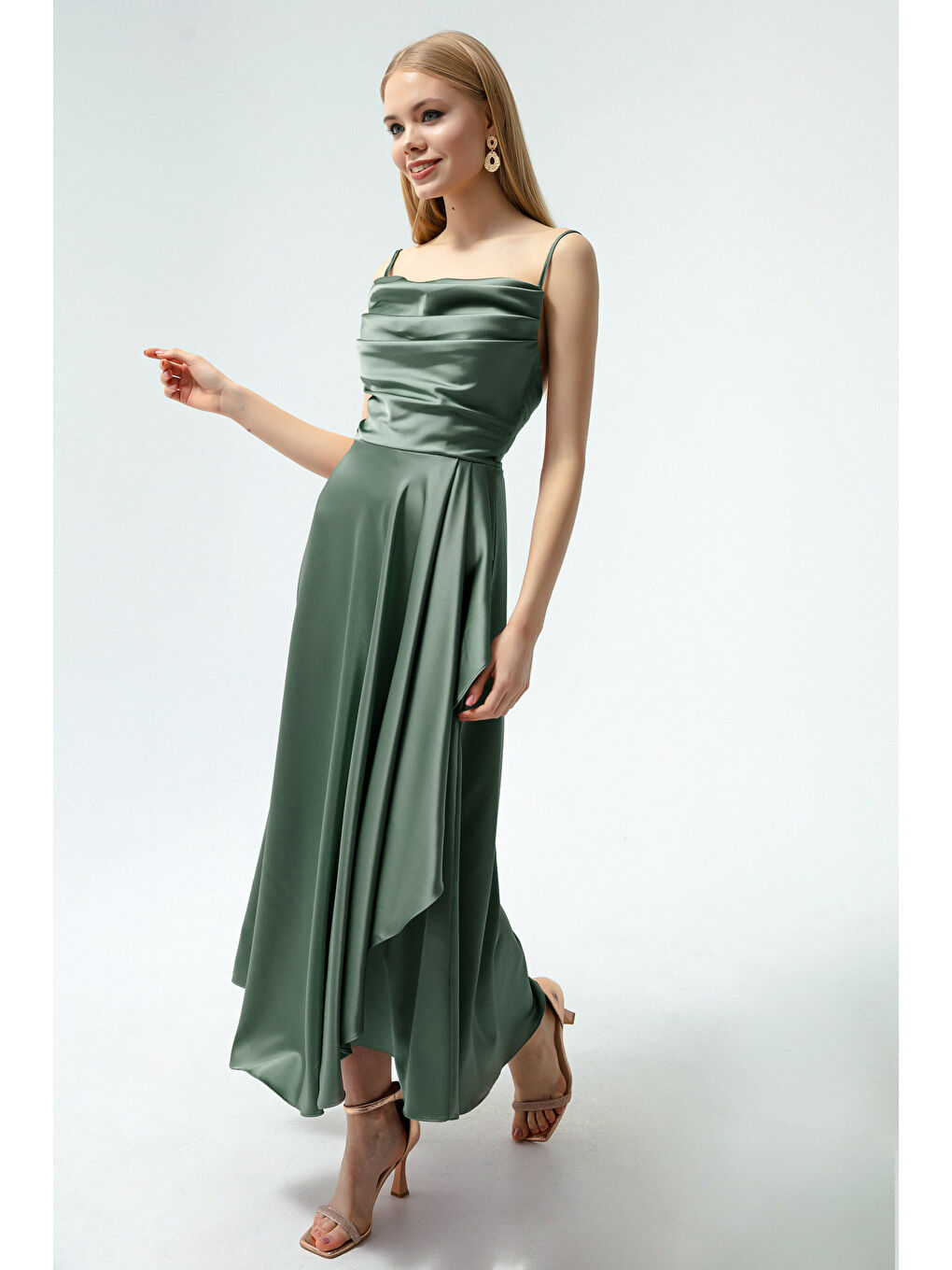 Mavi Kadın Firuze Volanlı Yırtmaçlı Saten Midi Boy Abiye & Mezuniyet Elbisesi-2