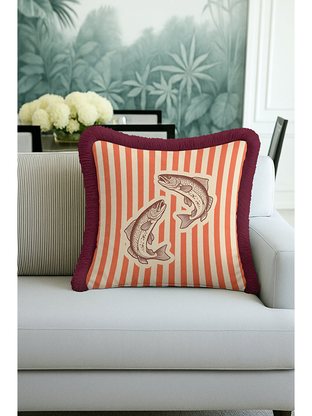 Karışık Vintage Balık Çizimli Saçaklı Yastık Kılıfı - Deniz Temalı Retro Kırmızı Püsküllü Kırlent Kılıfı-1