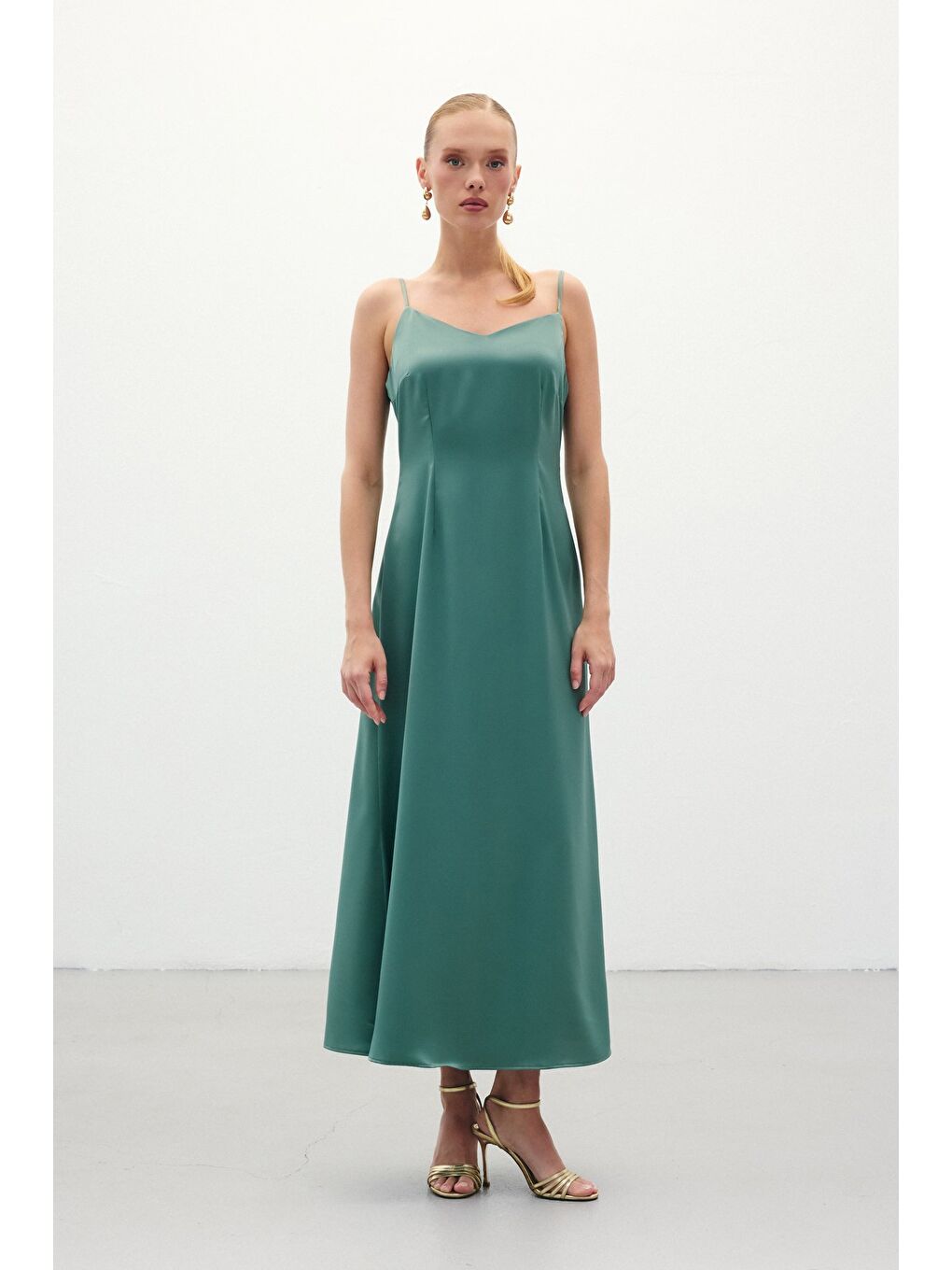 Yeşil Askılı Uzun Saten Elbise - Mint-2
