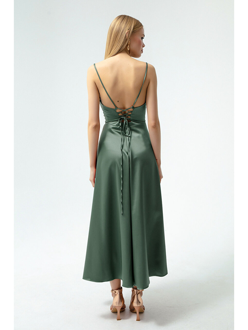 Mavi Kadın Firuze Volanlı Yırtmaçlı Saten Midi Boy Abiye & Mezuniyet Elbisesi-4