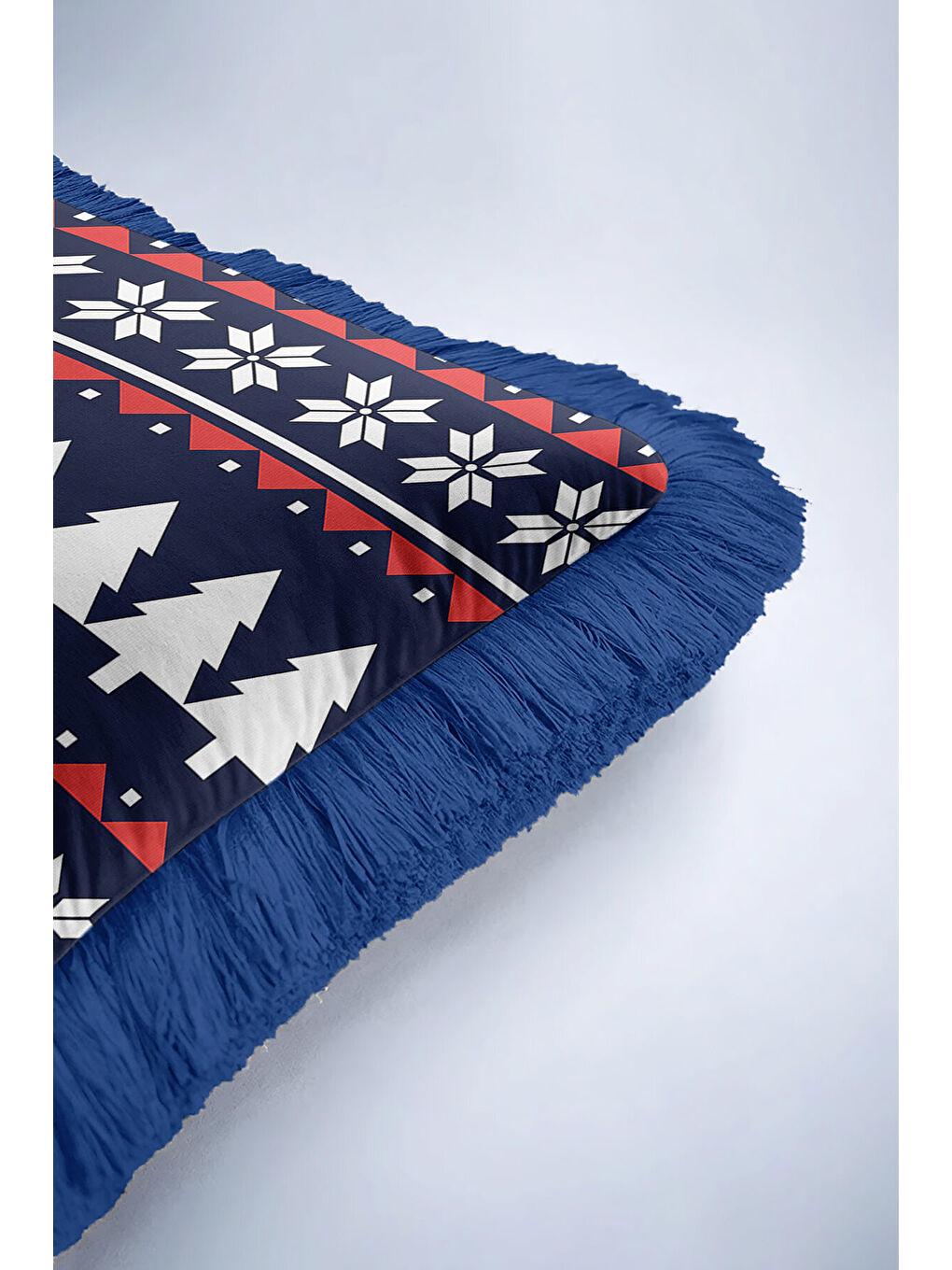 Karışık Nordik Kar Kristal Saçaklı Yastık Kılıfı - Kış Atmosferi İskandinav Lacivert Püsküllü Kırlent Kılıfı-6