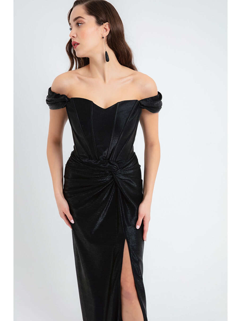 Kadın Siyah Balen Korseli Uzun Abiye Elbise-2