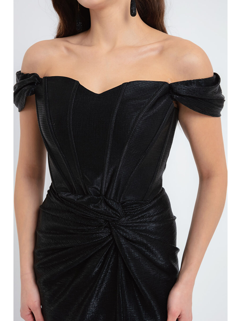 Kadın Siyah Balen Korseli Uzun Abiye Elbise-3