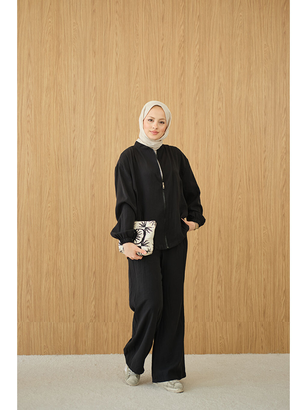 Kadın Yanları Dikiş Detay Fermuarlı Takım Siyah-1