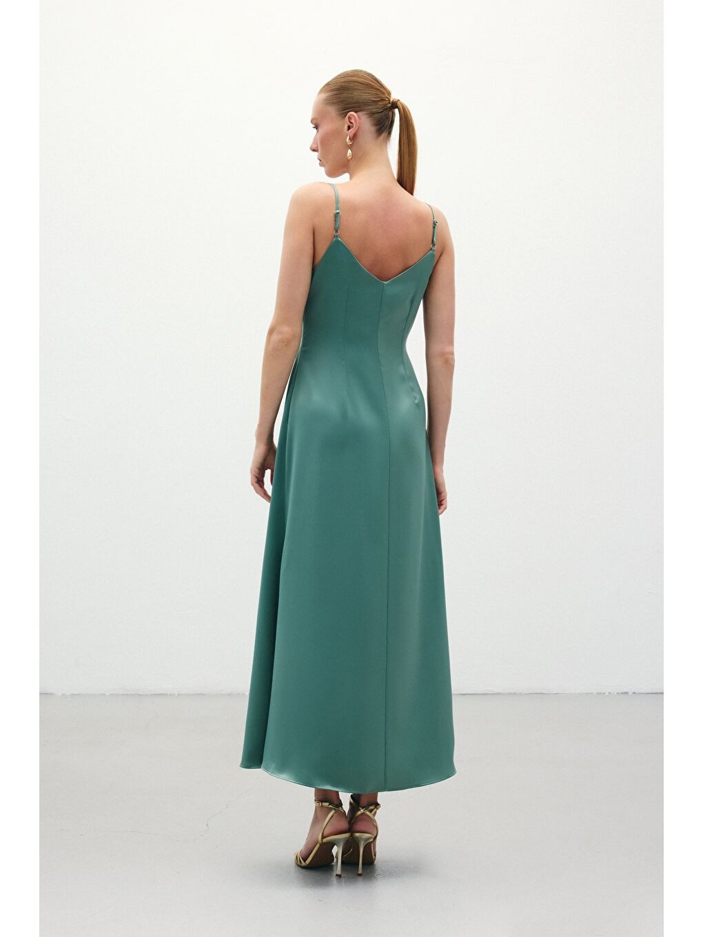 Yeşil Askılı Uzun Saten Elbise - Mint-6