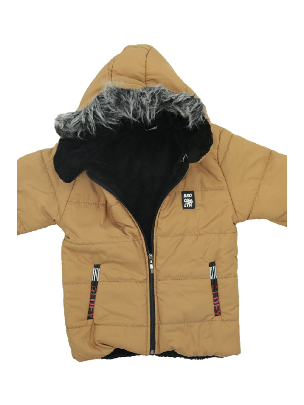 Kahverengi Kız Çocuk İçi Peluşlu-Kürk Kapüşonlu-Fermuarlı Mont 12428-1