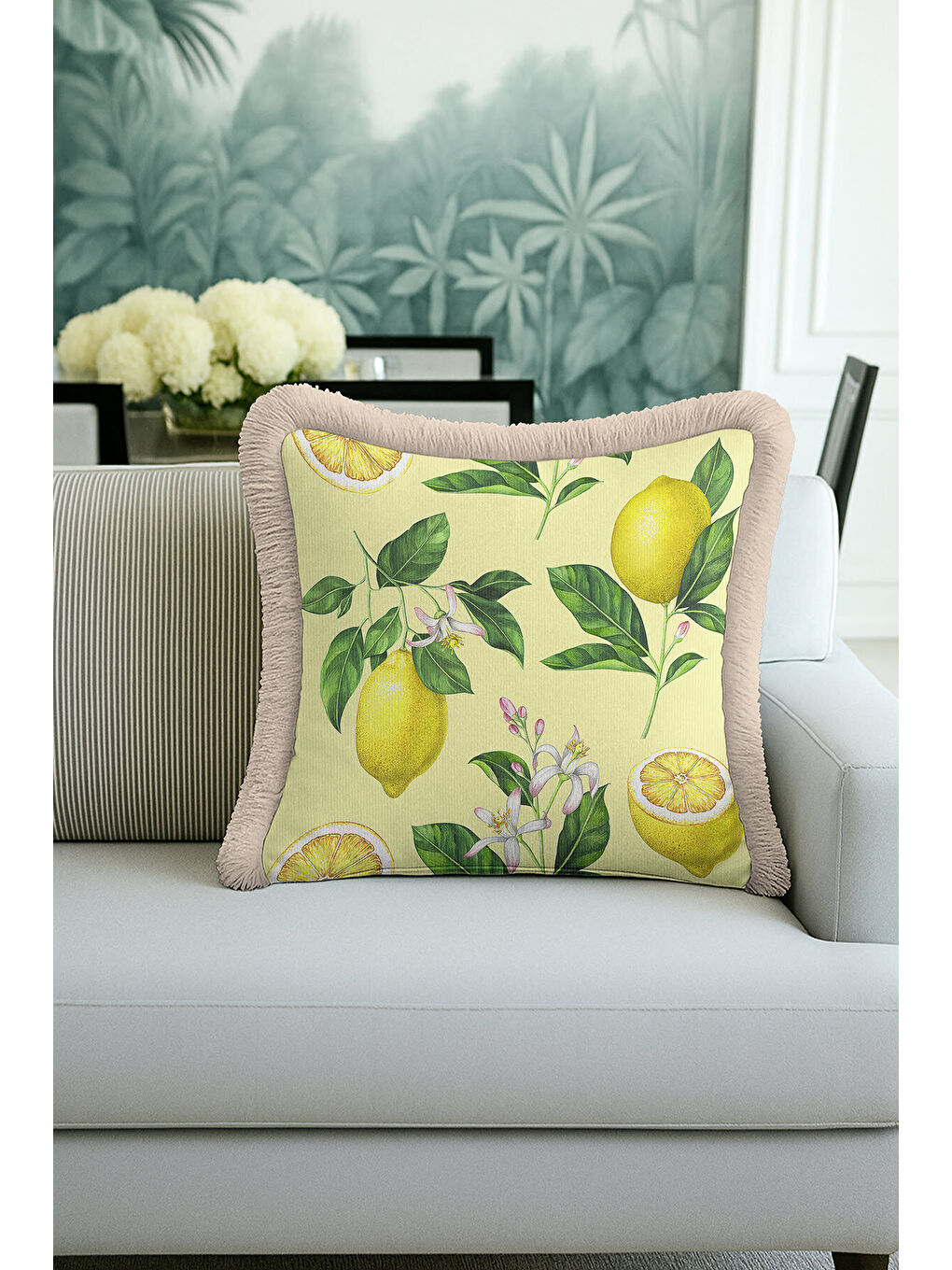 Karışık Limon Çiçek Bahçesi Saçaklı Yastık Kılıfı - Akdeniz Tema Sarı Yeşil Rustik Püsküllü Kırlent Kılıfı