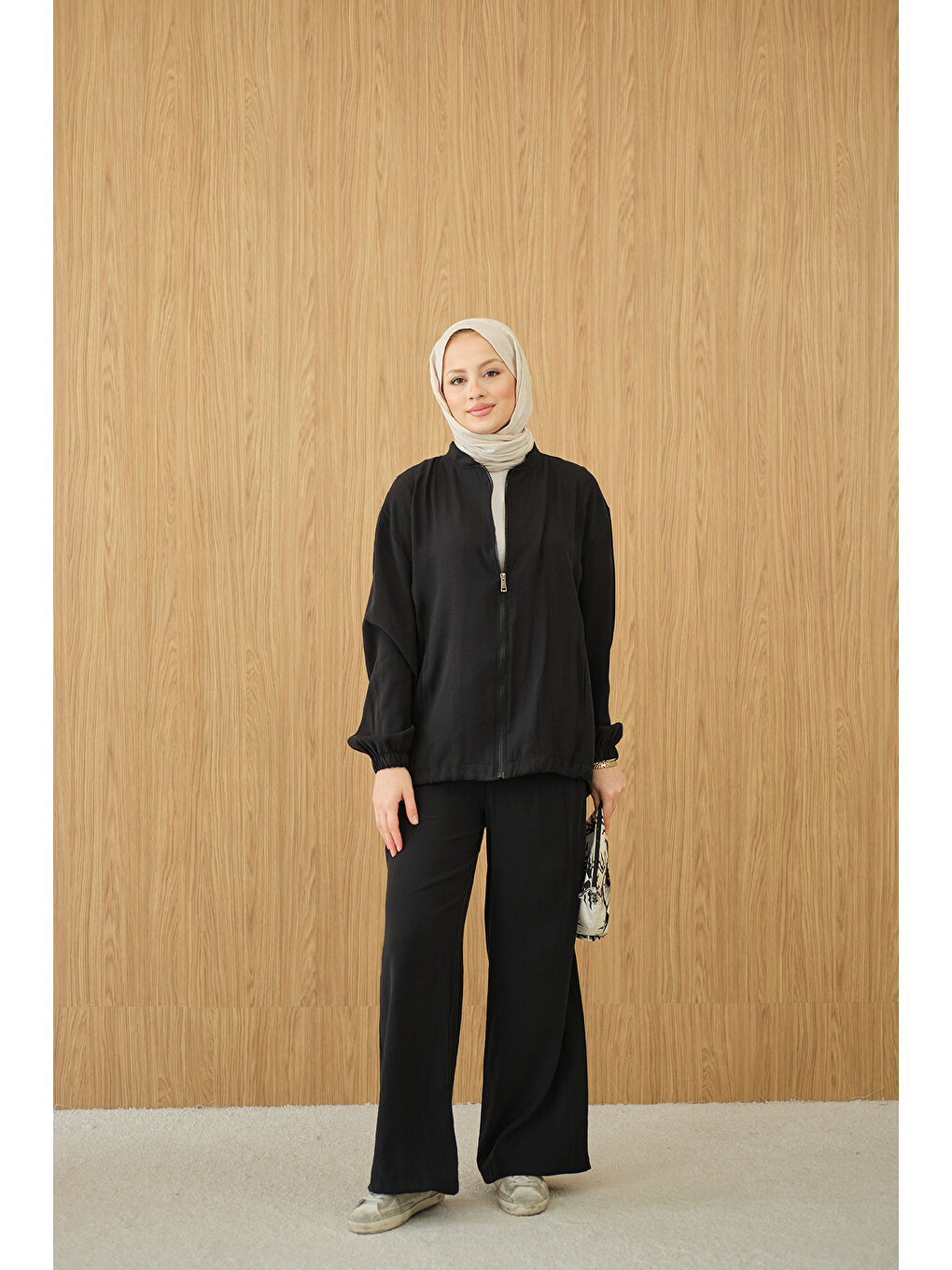 Kadın Yanları Dikiş Detay Fermuarlı Takım Siyah-3