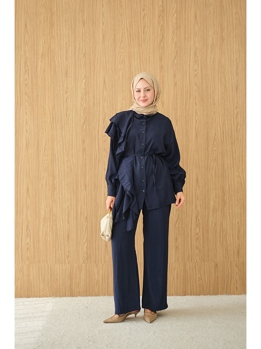 Kadın Dikiş Detay Volanlı Bel Bağlamalı Takım Lacivert-1
